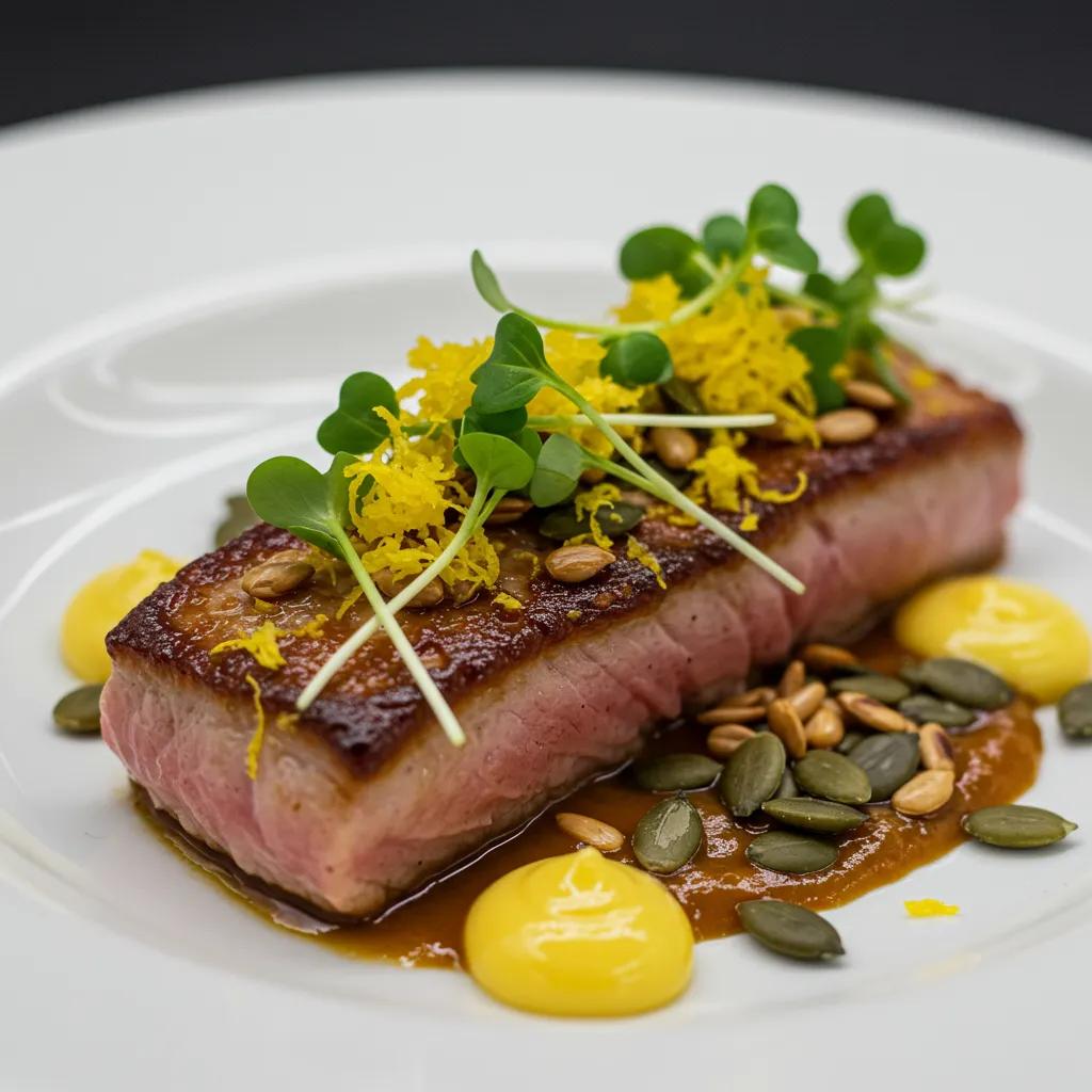 Plated dish with elegant garnishes including microgreens and citrus zest, enhancing visual appeal