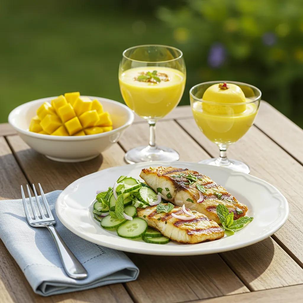 Plated summer dinner with grilled fish, cucumber-mint salad, and mango kulfi