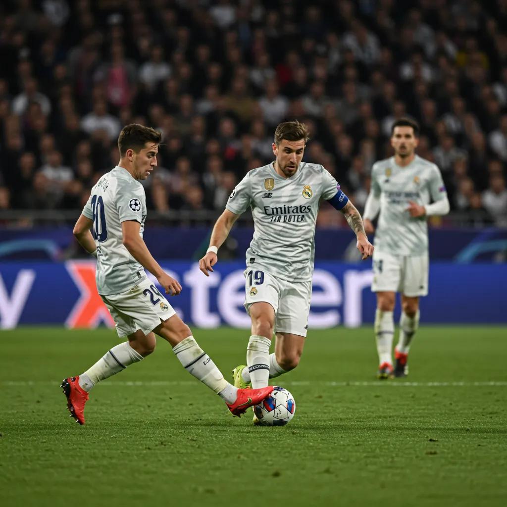 Player dribbling the ball in a Champions League match, showcasing skill and competition