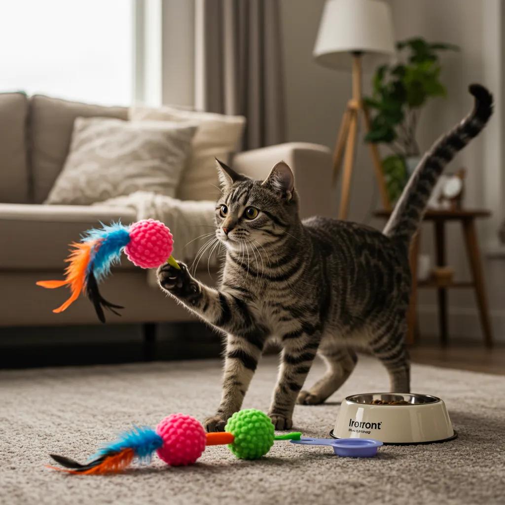 Playful cat engaging with toys in a home setting, illustrating strategies for obesity prevention