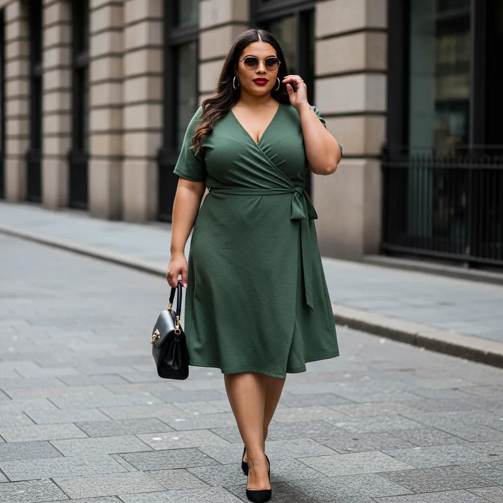 Plus size model showcasing practical outfit ideas for various occasions