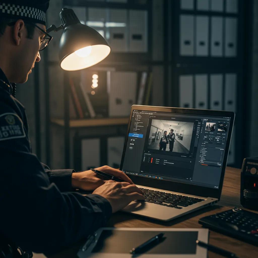 Police officer analyzing video evidence in an investigation room, highlighting the seriousness of hate crime inquiries