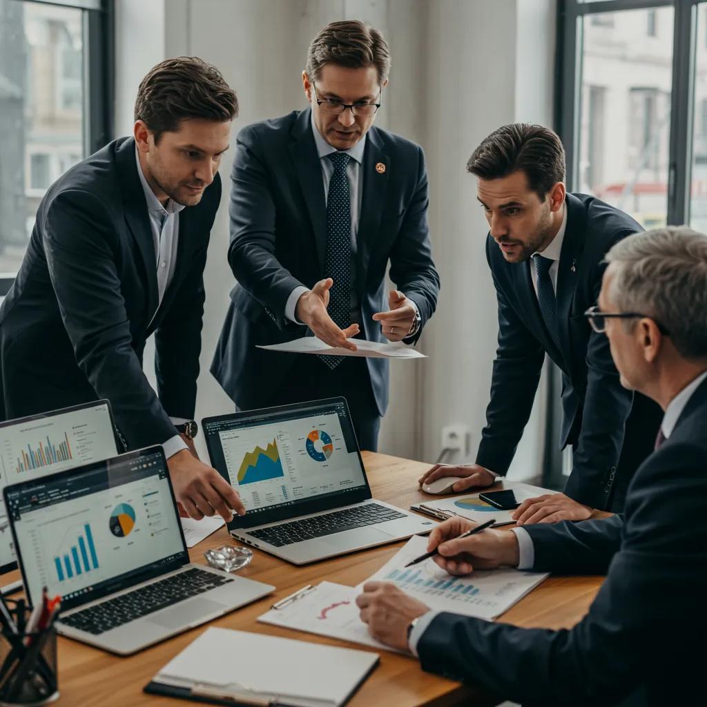 Political campaign team analyzing digital media strategies in an office