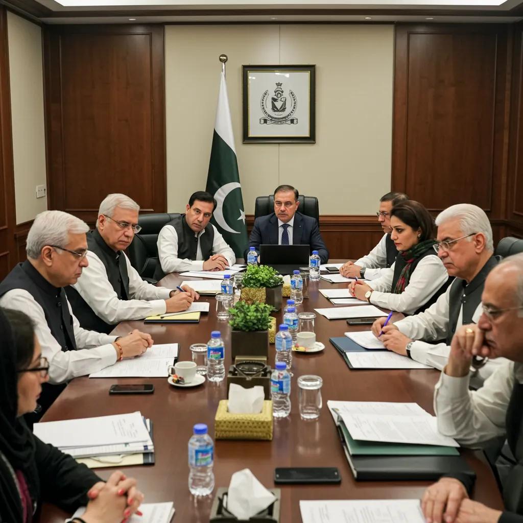 Political leaders negotiating coalition agreements in a modern office, symbolizing collaboration and governance in Pakistan's elections