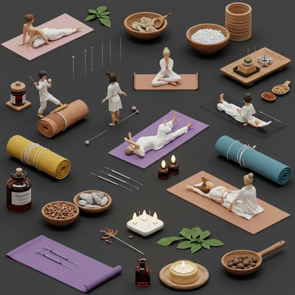 Practitioners demonstrating various types of alternative medicine therapies in a harmonious environment