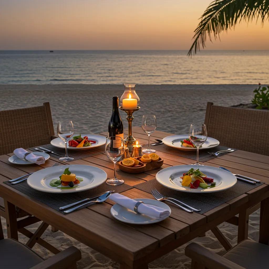 Private beach dining setup at sunset, illustrating bespoke luxury travel experiences