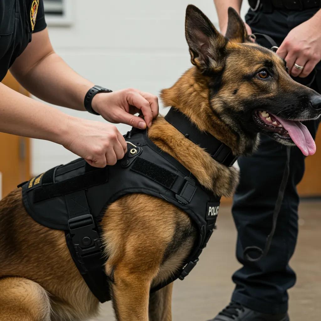 Professional fitting of a bulletproof vest on a K-9, emphasizing customization and safety