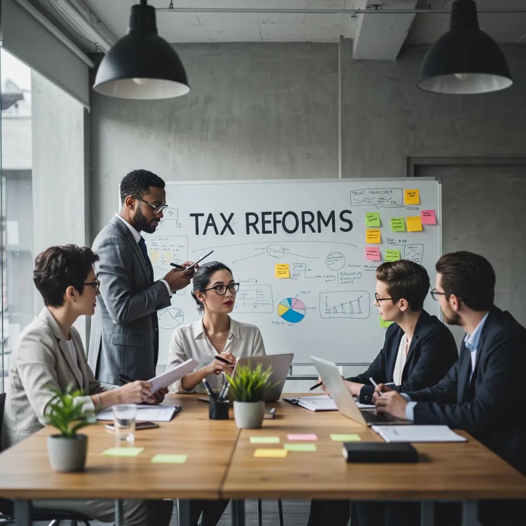 Professionals discussing tax reforms in a modern office, highlighting collaboration on financial strategies
