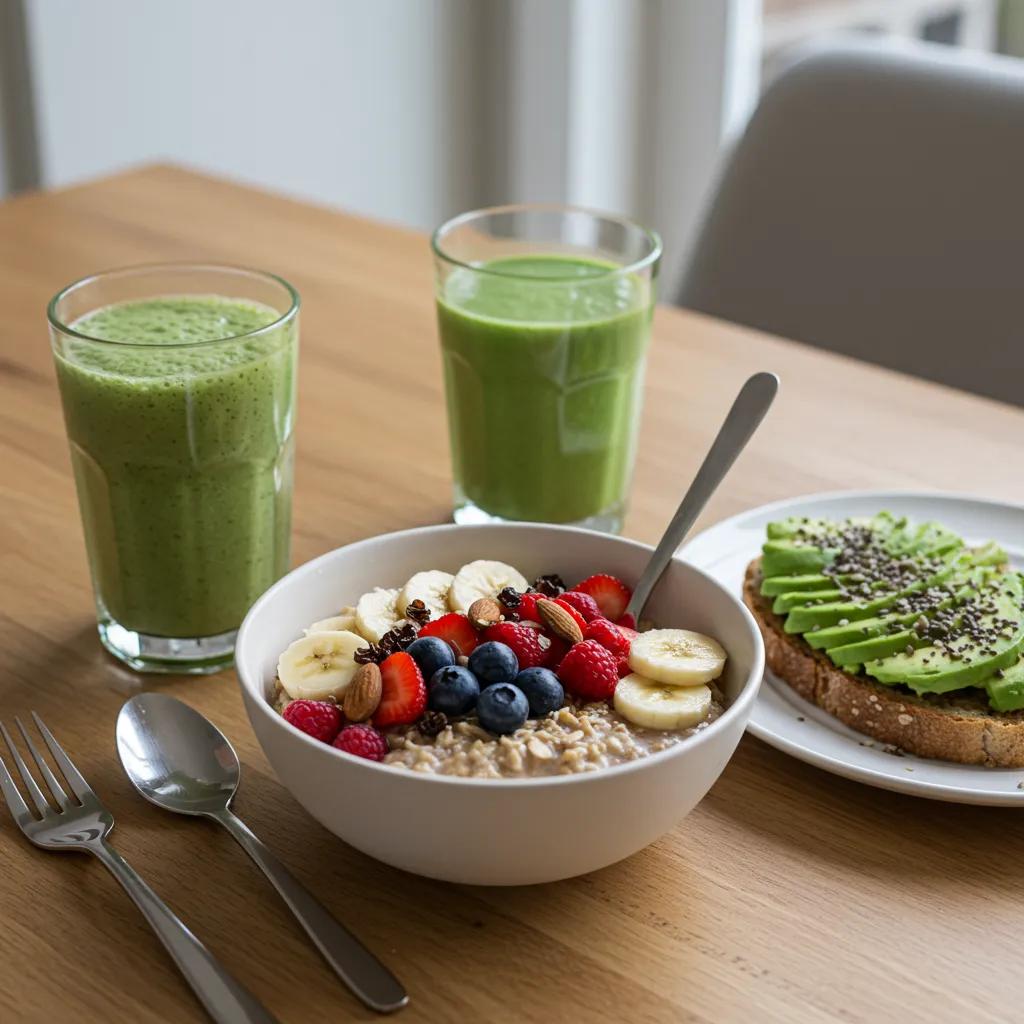 Quick vegan breakfast options including overnight oats, green smoothie, and avocado toast on a bright table