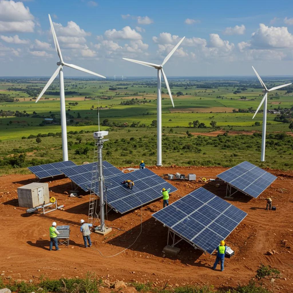 Vibrant renewable energy projects flourishing in a rural setting, symbolizing the World Bank's unwavering commitment to sustainable development