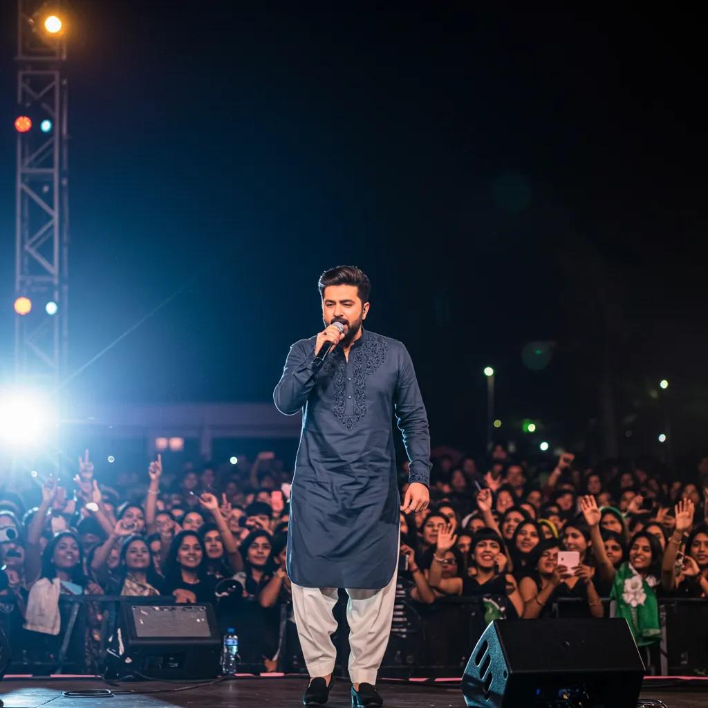 Renowned Pakistani singer performing live on stage, highlighting iconic songs and albums