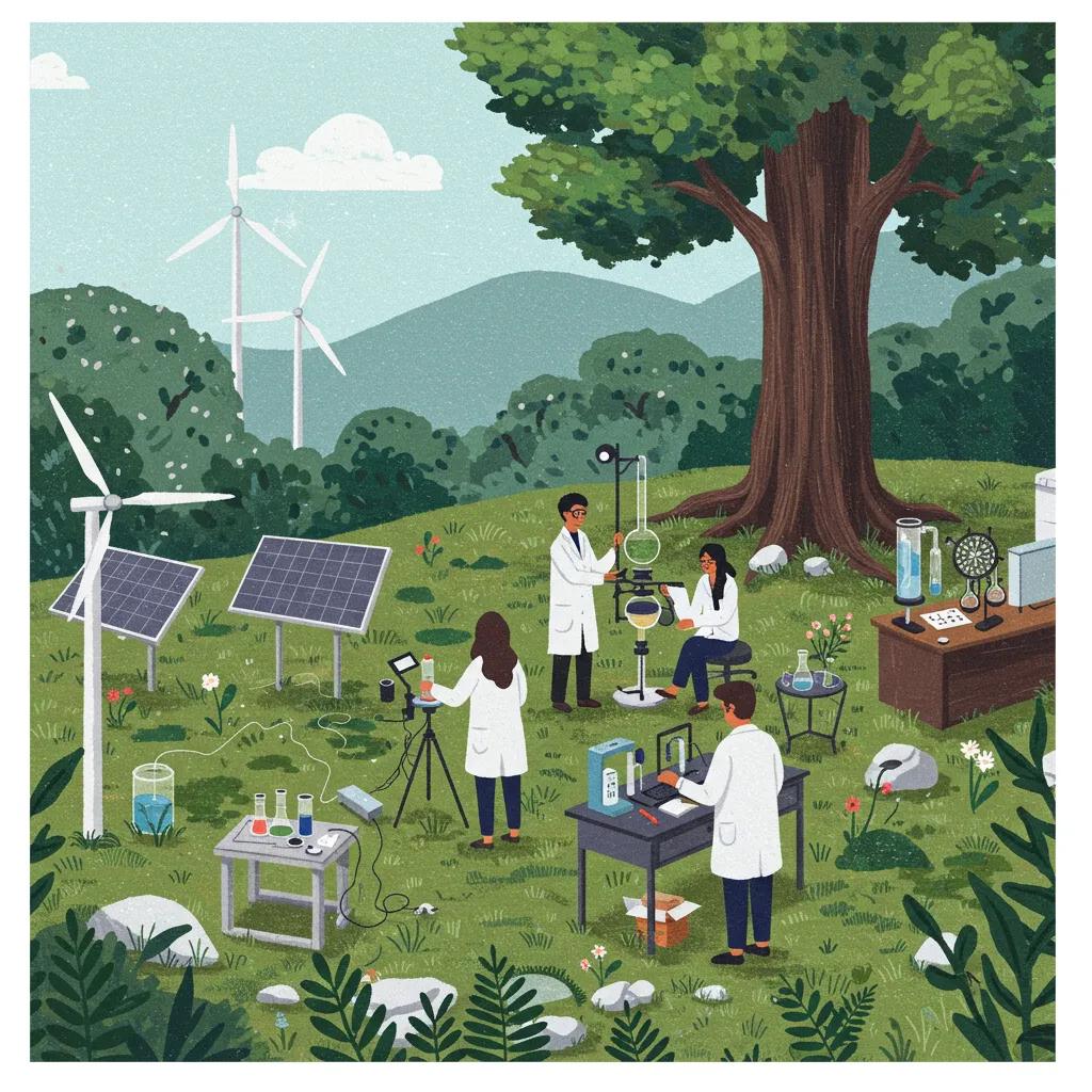 Research team conducting sustainability experiments outdoors with natural elements and lab equipment