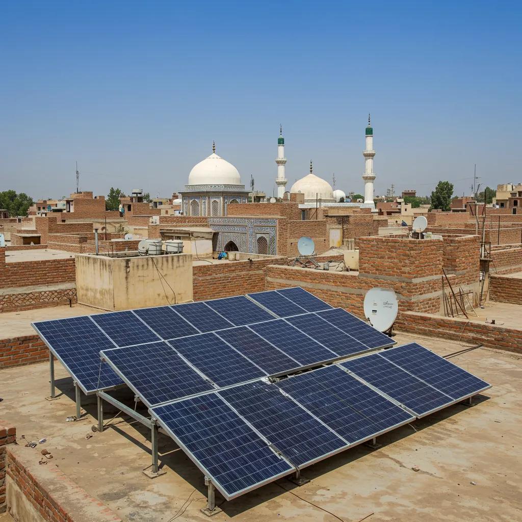 Rooftop solar panels in a Pakistani neighborhood demonstrating renewable energy adoption