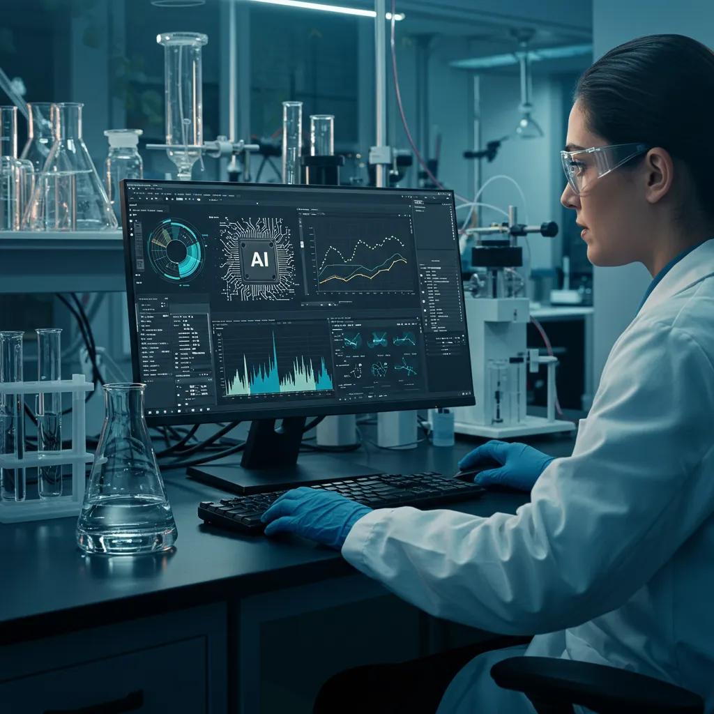 Scientist using AI software in a lab to analyze data and visualize results