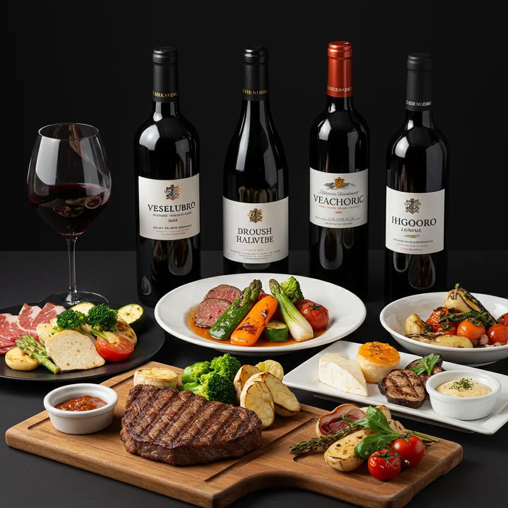 Selection of red wines paired with grilled steak and roasted vegetables for optimal flavor balance