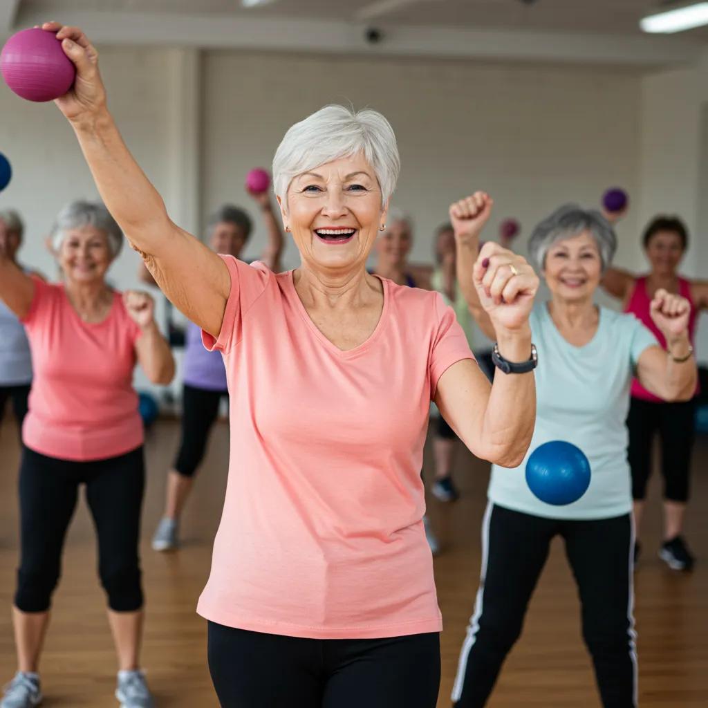 Seniors participating in a fitness class, showcasing active and healthy aging