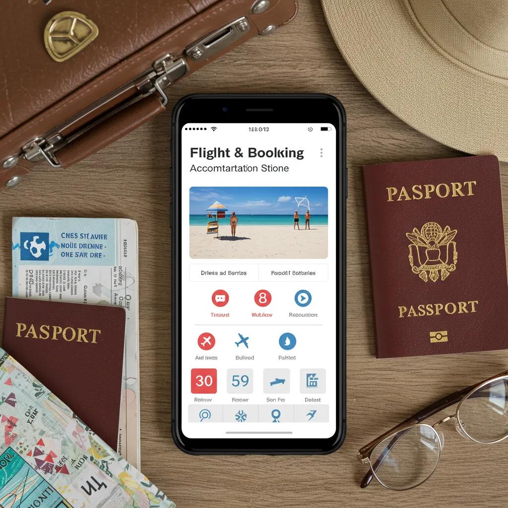 Smartphone displaying flight and accommodation booking app with travel essentials
