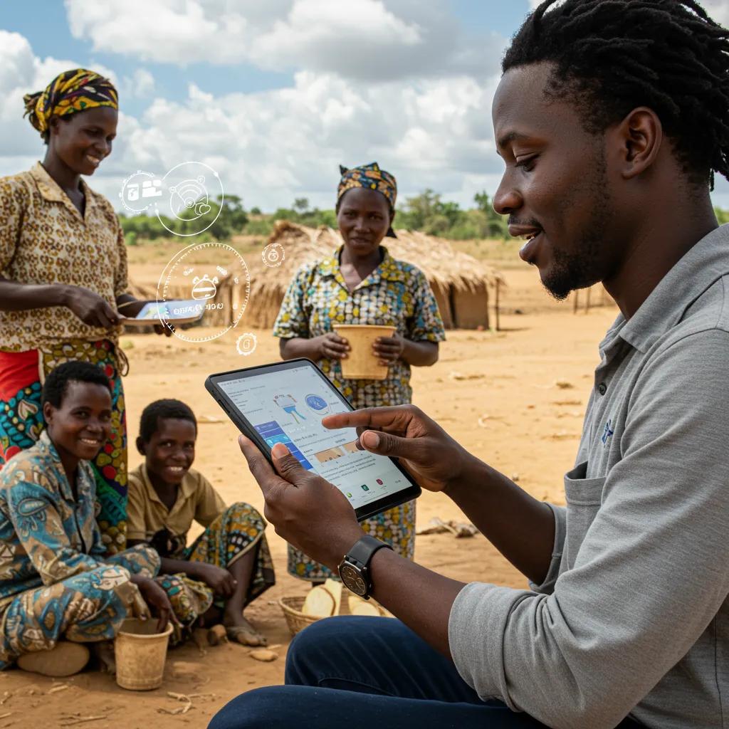 Social entrepreneur using a tablet in a rural Pakistani setting, illustrating the integration of technology in social innovation