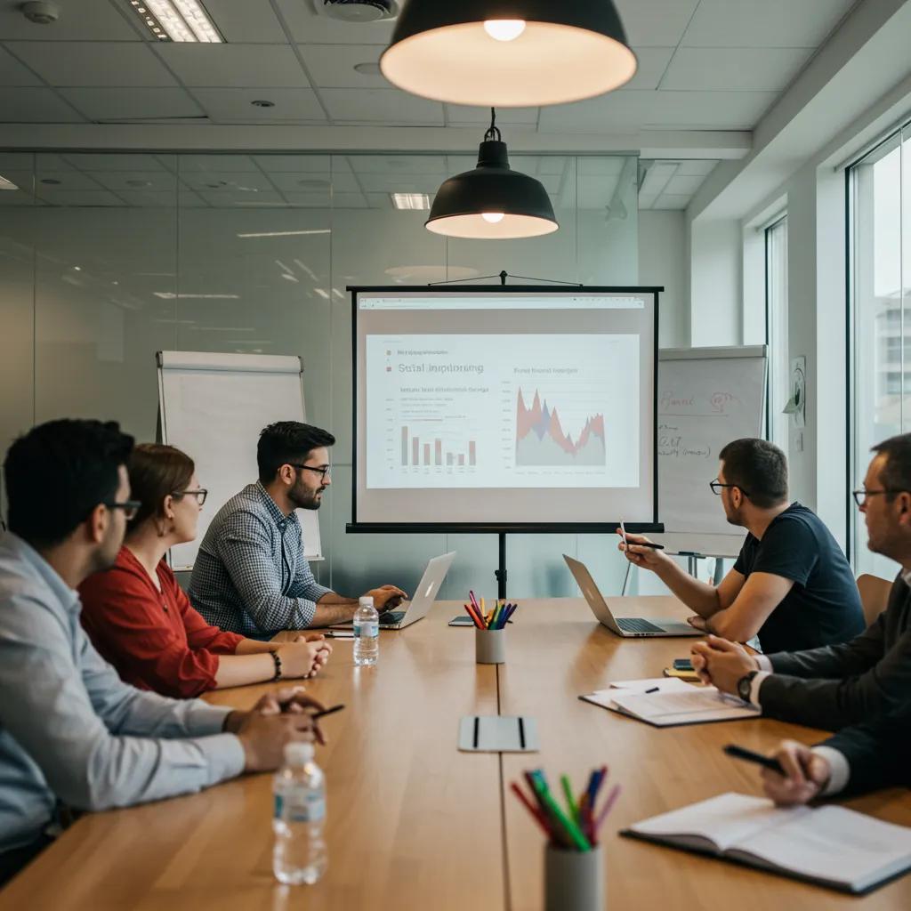 Social entrepreneurs and impact investors discussing strategies in a modern office, highlighting collaboration and social impact