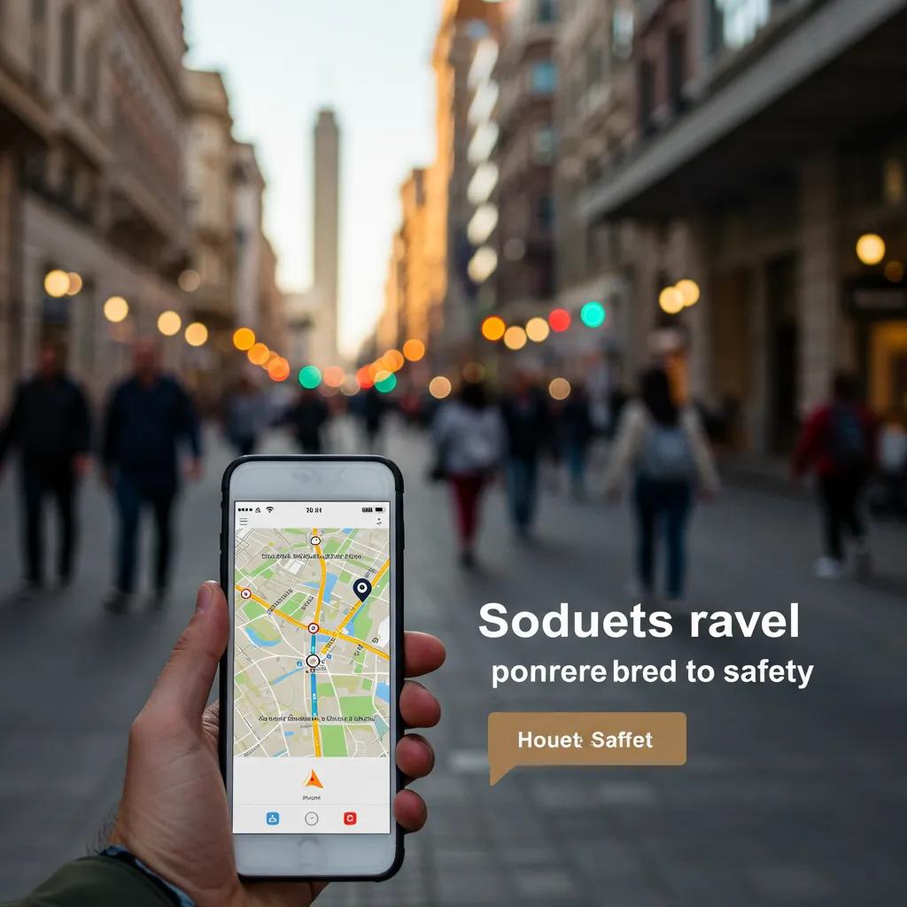 Solo traveler using smartphone for navigation in a safe urban environment