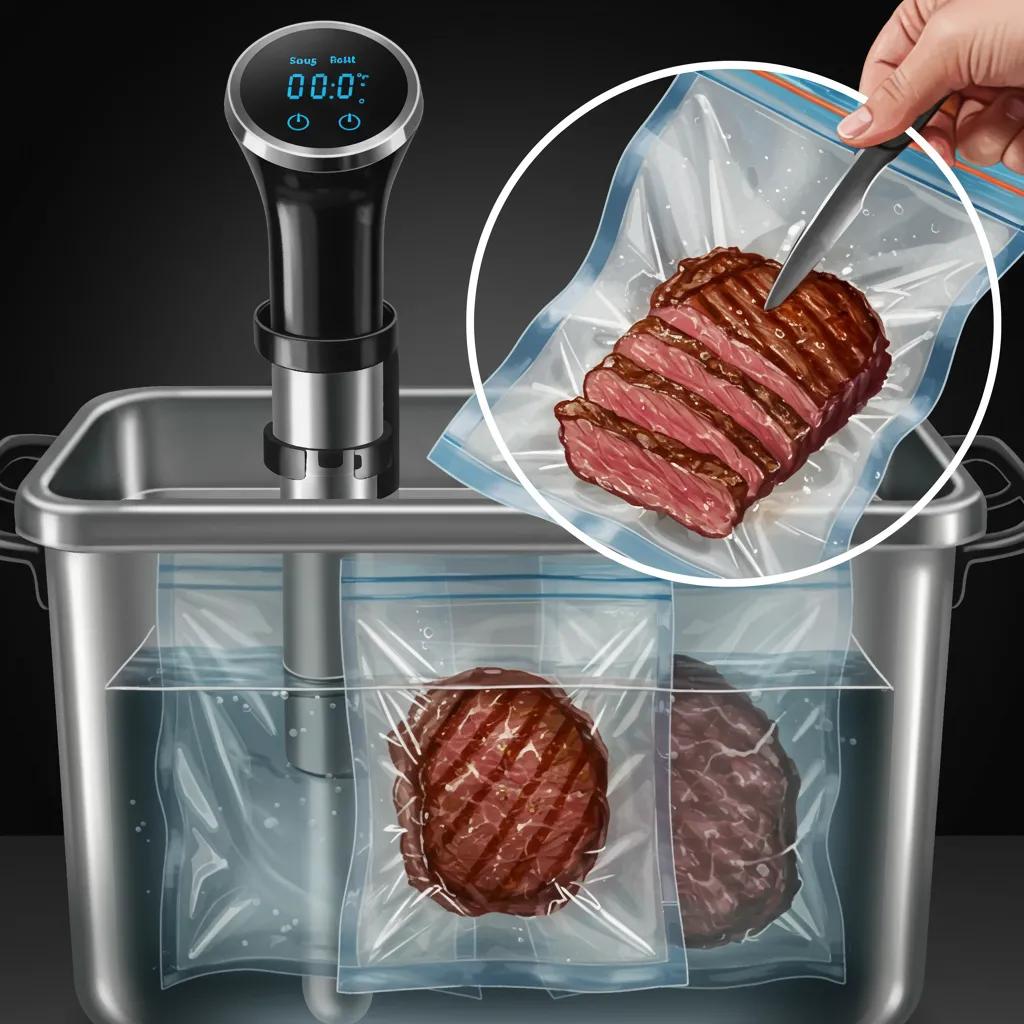 Sous vide cooking process with vacuum-sealed bags in a water bath and a perfectly cooked steak