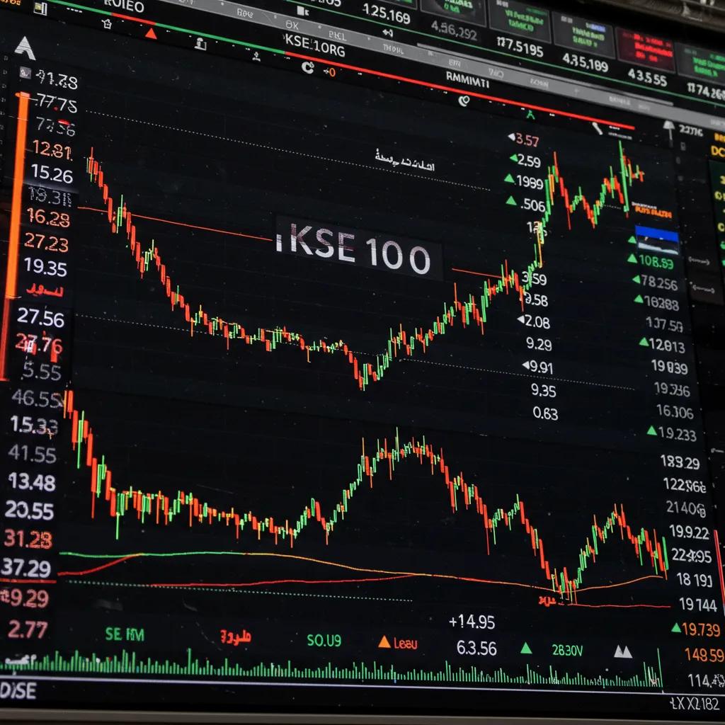 Stock market display board showing KSE 100 index fluctuations, capturing the dynamic trading environment
