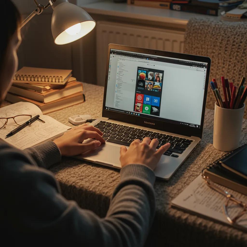 Student using a budget laptop in a cozy study environment with books and stationery