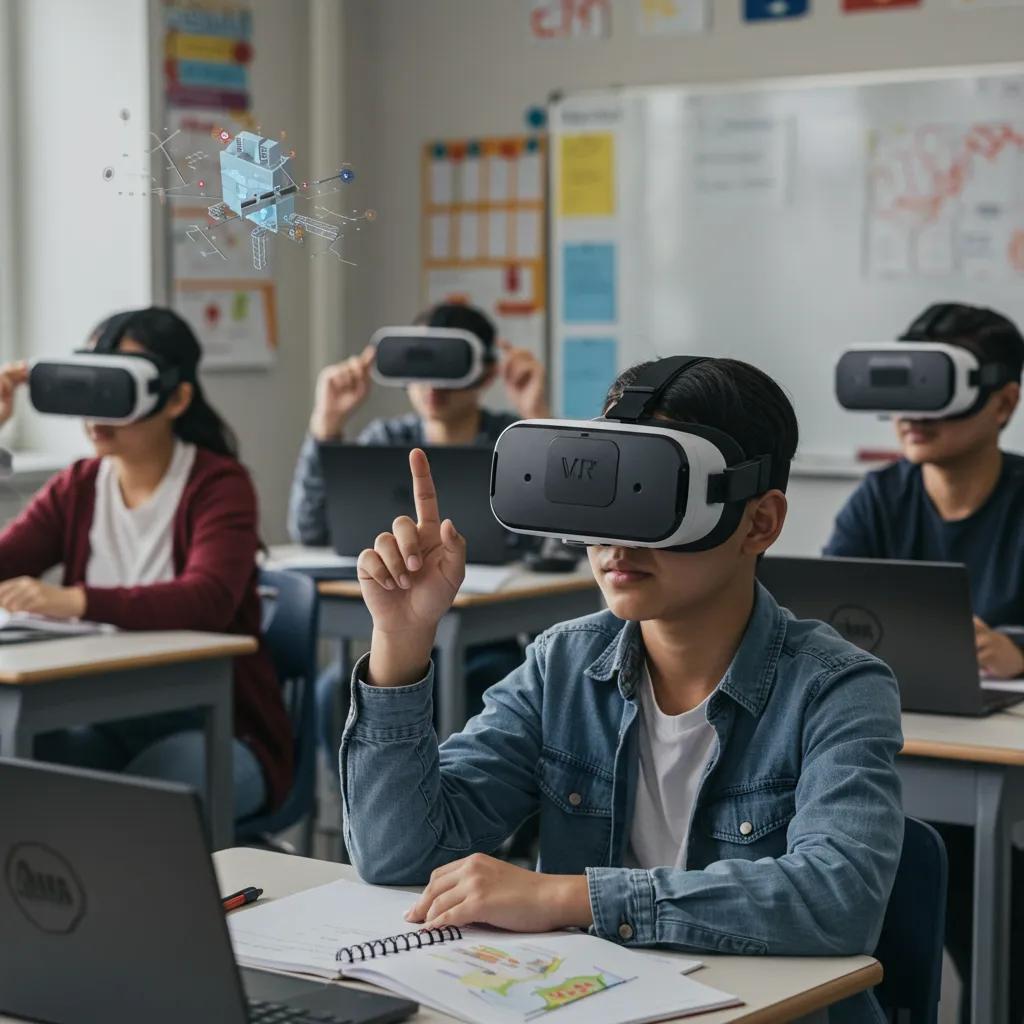 Students using virtual reality headsets in a classroom for immersive learning