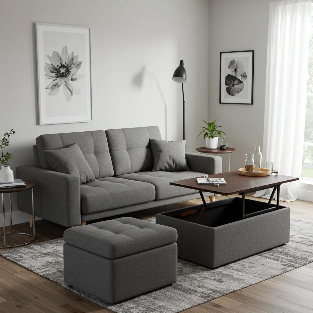 Stylish living room featuring multifunctional furniture like a sofa bed and storage ottoman