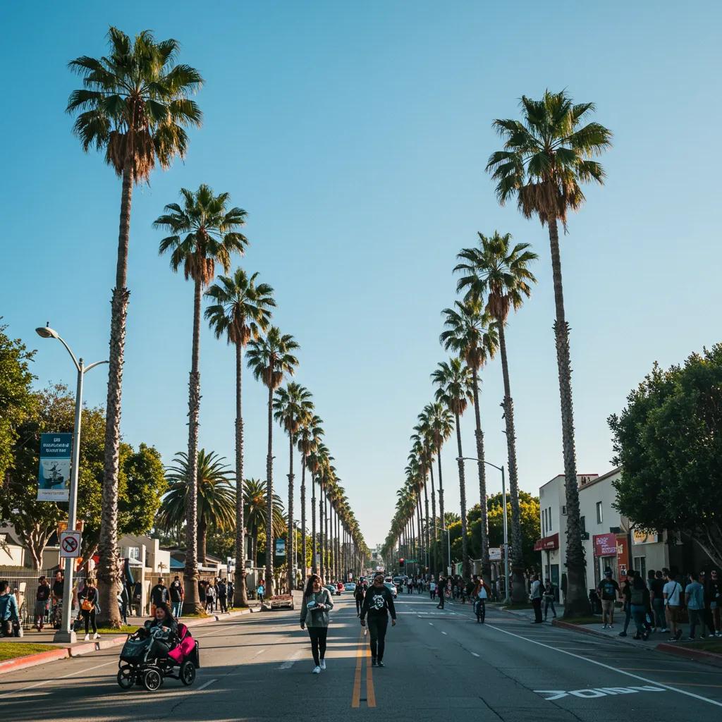 Sunny Los Angeles street with palm trees and people enjoying outdoor activities