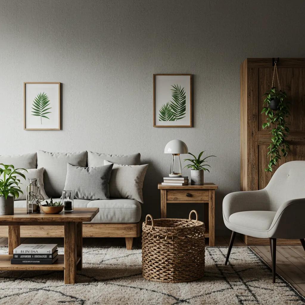 Sustainable living space featuring reclaimed wood furniture and smart home decor elements