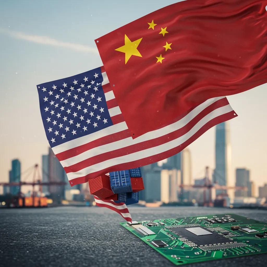 Symbolic representation of US-China relations with flags and trade imagery