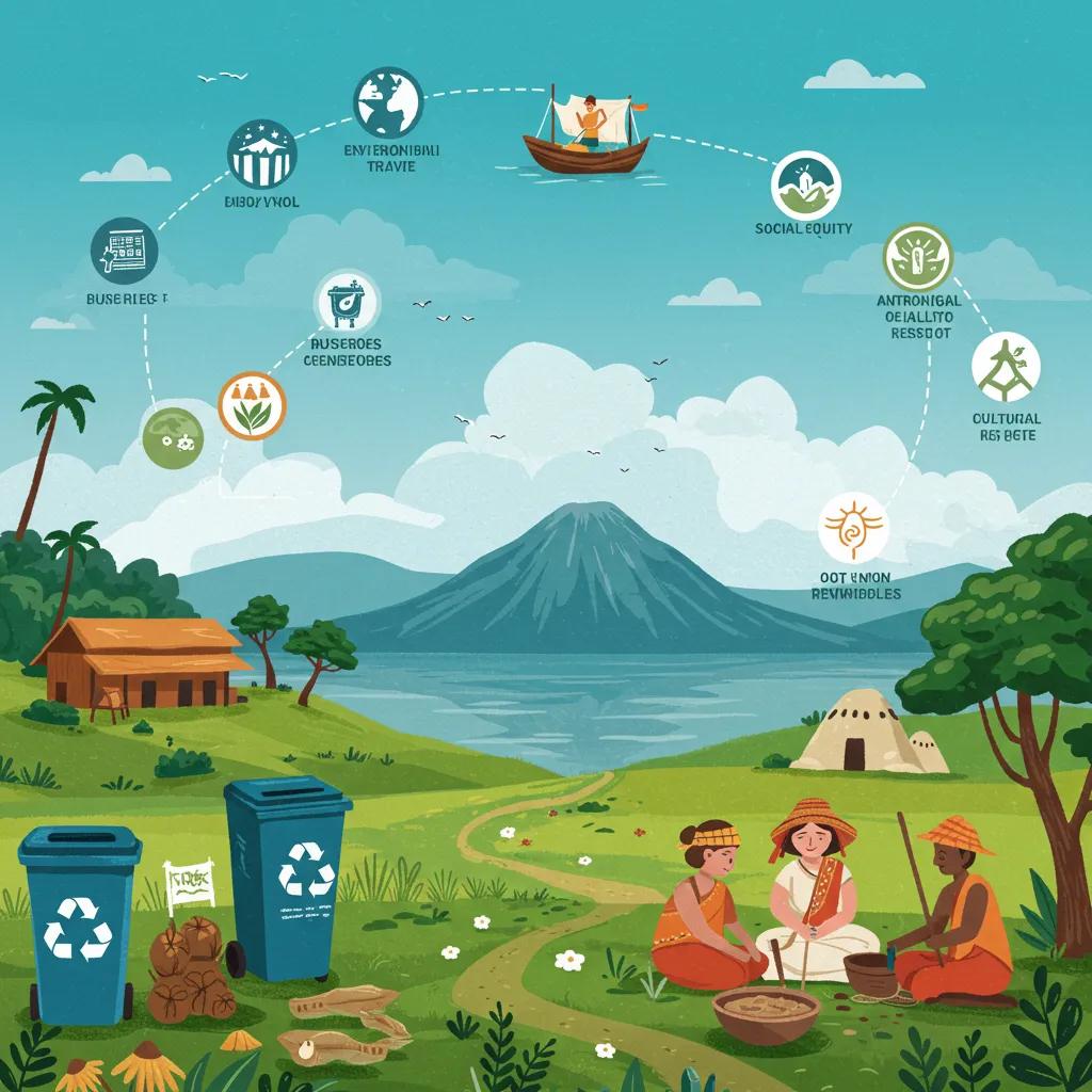 Symbols of responsible travel principles in a serene landscape emphasizing sustainability and community engagement