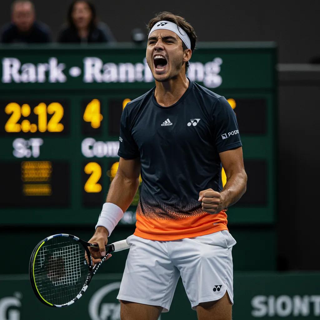Tennis player celebrating a victory with a scoreboard in the background, emphasizing recent ranking movements