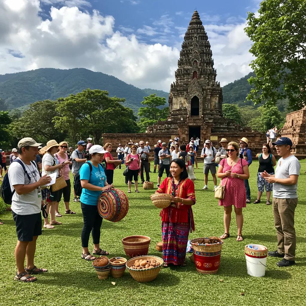 Engaged tourists participating in sustainable practices at a cultural heritage site, respectfully interacting with local culture and crafts