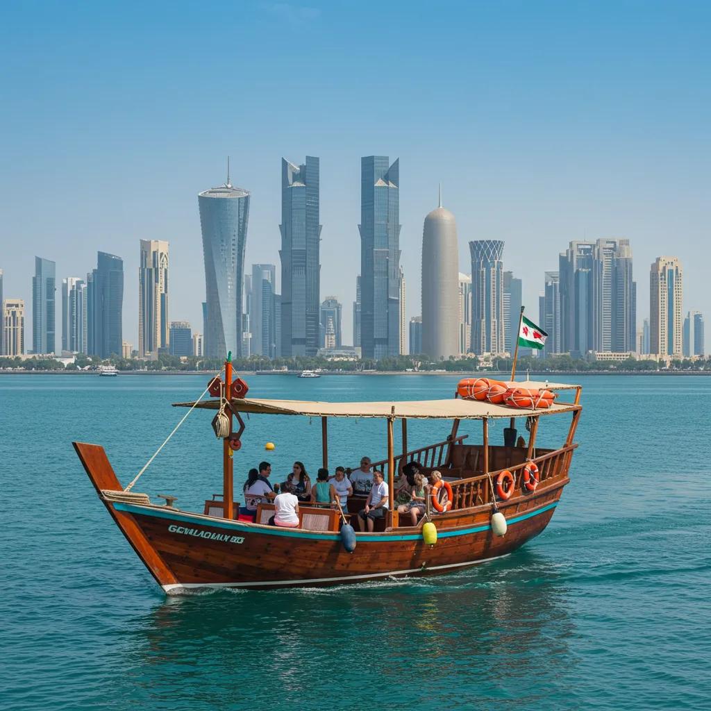 Traditional dhow boat cruising along Doha Corniche with skyline views