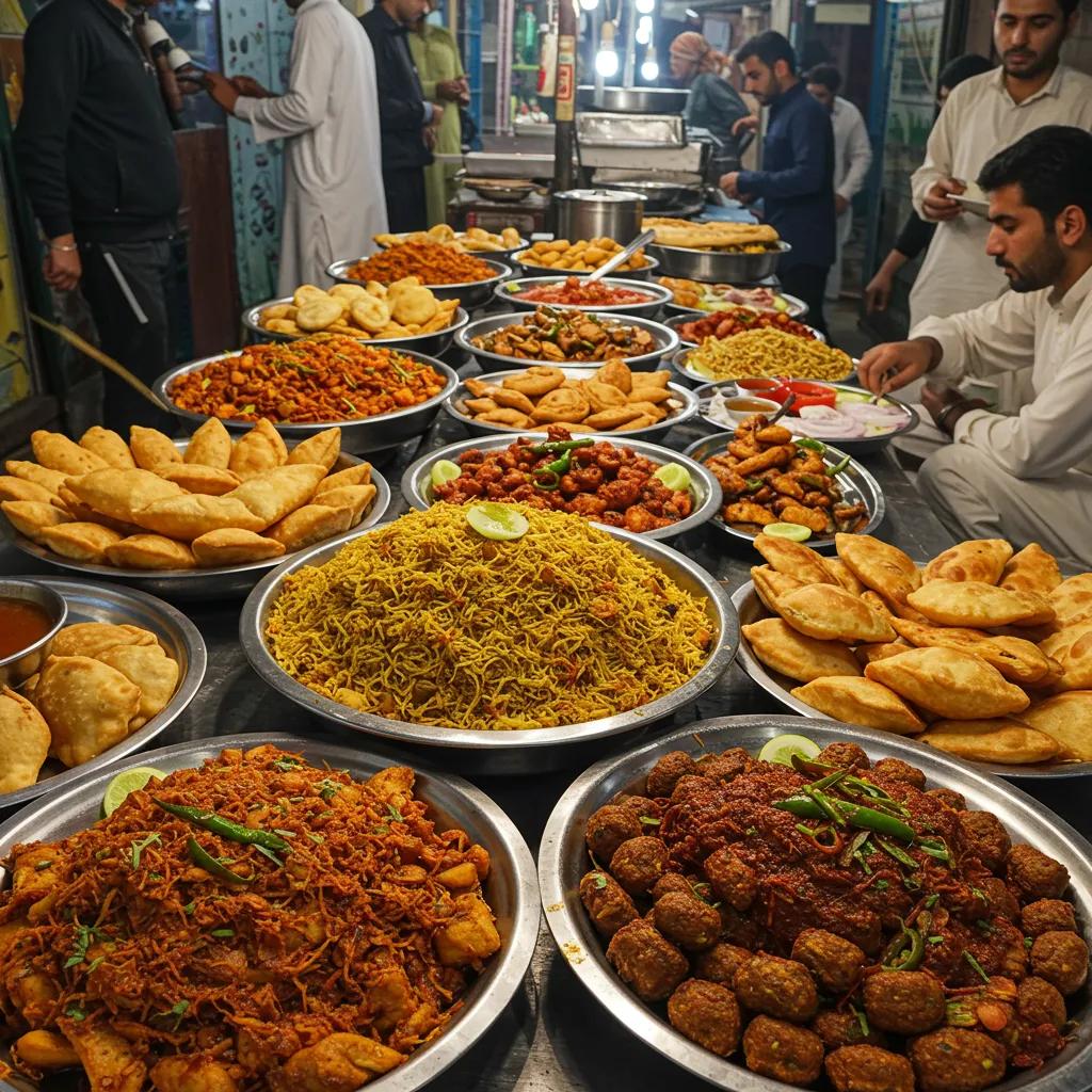 A vibrant display of traditional Pakistani street food, showcasing Nihari, Samosas, and Seekh Kebabs in a bustling market setting