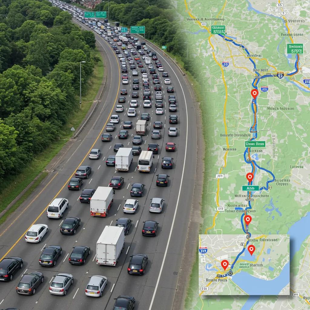 Traffic congestion on a highway with a map showing alternative routes and detours