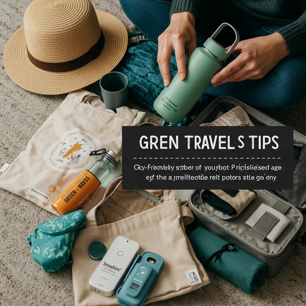 Traveler packing eco-friendly essentials for a trip, emphasizing green travel tips