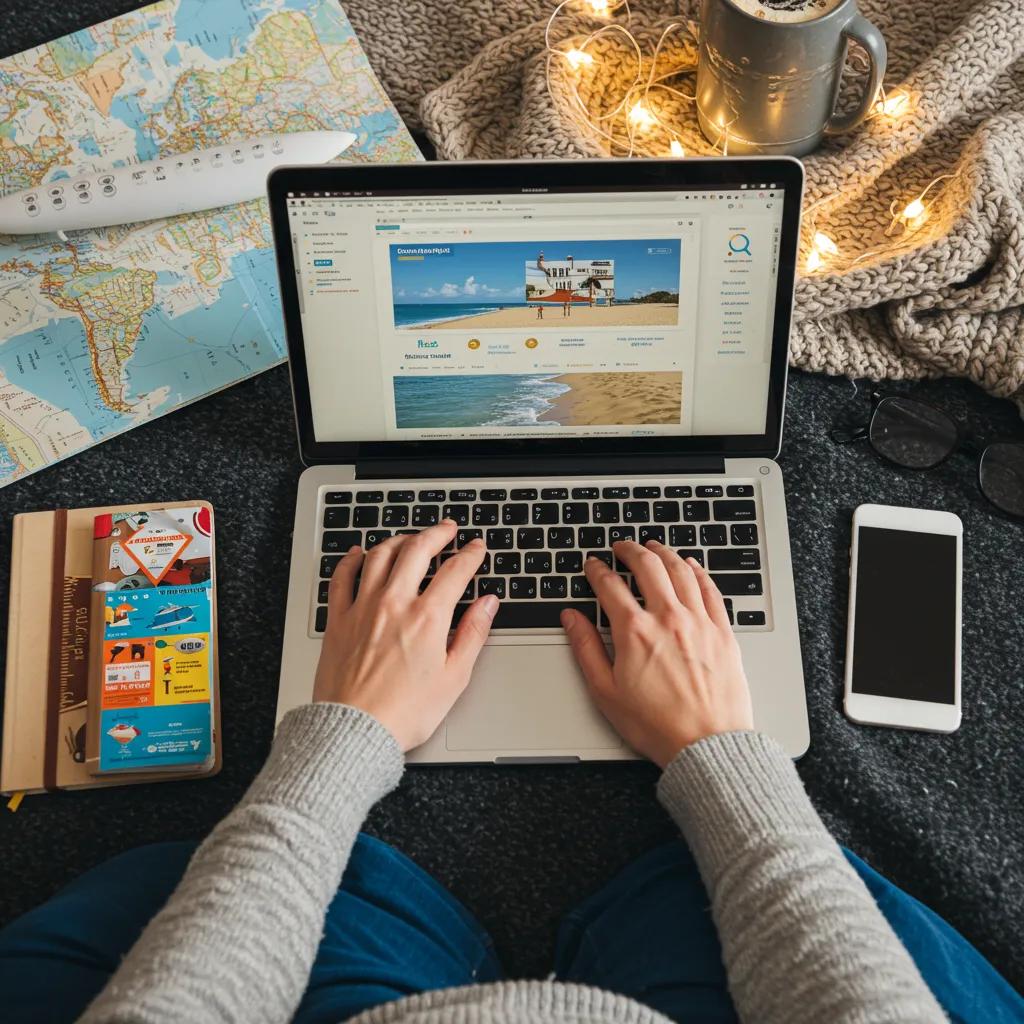 Traveler researching the best times to book flights with travel essentials