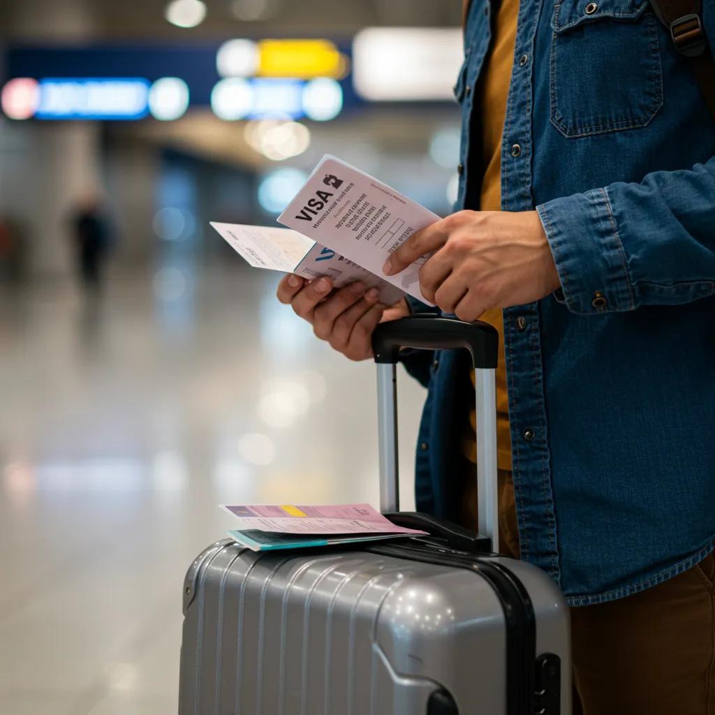 Traveler reviewing visa documents and travel essentials at an airport, emphasizing travel preparation