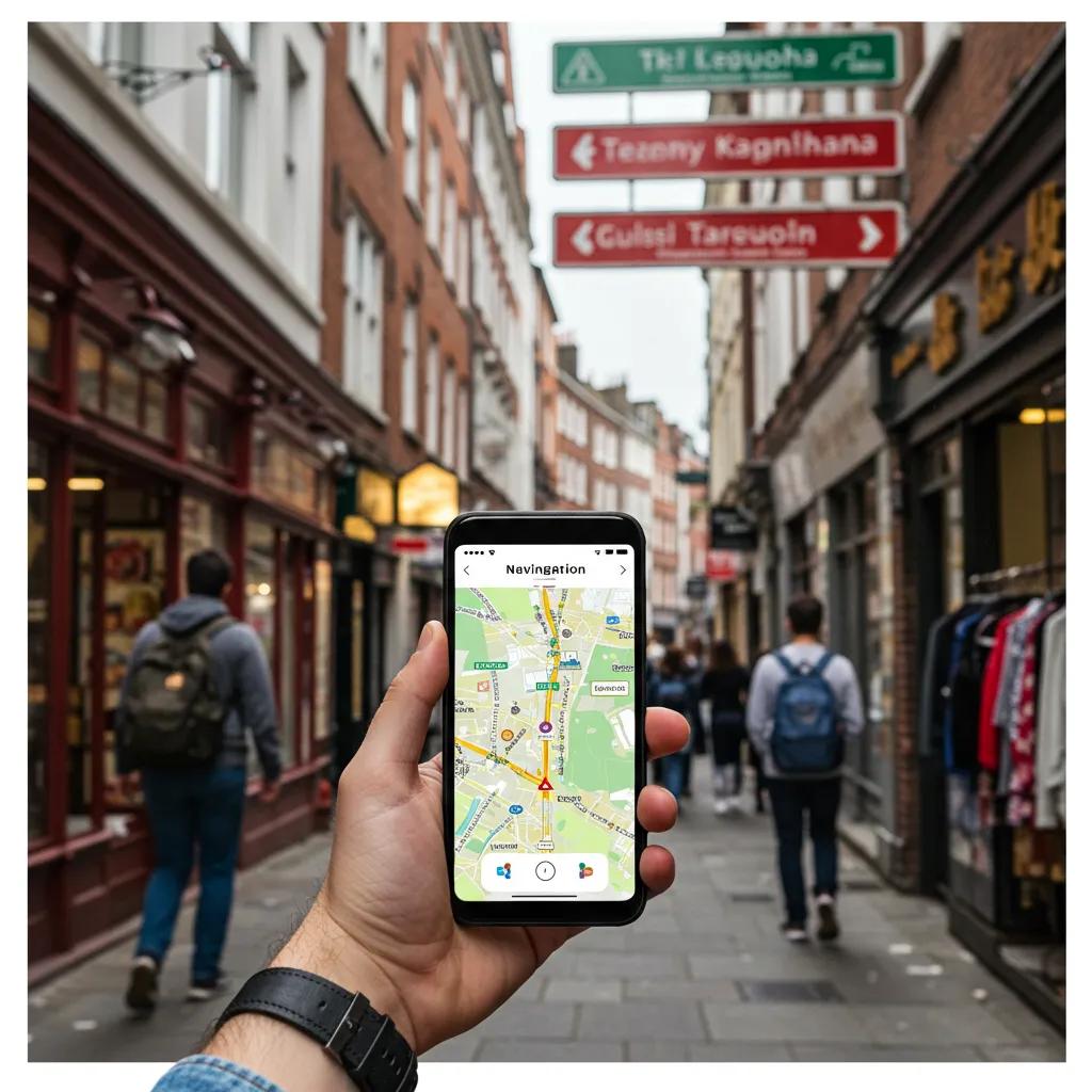 Traveler using navigation app on smartphone in a busy city street