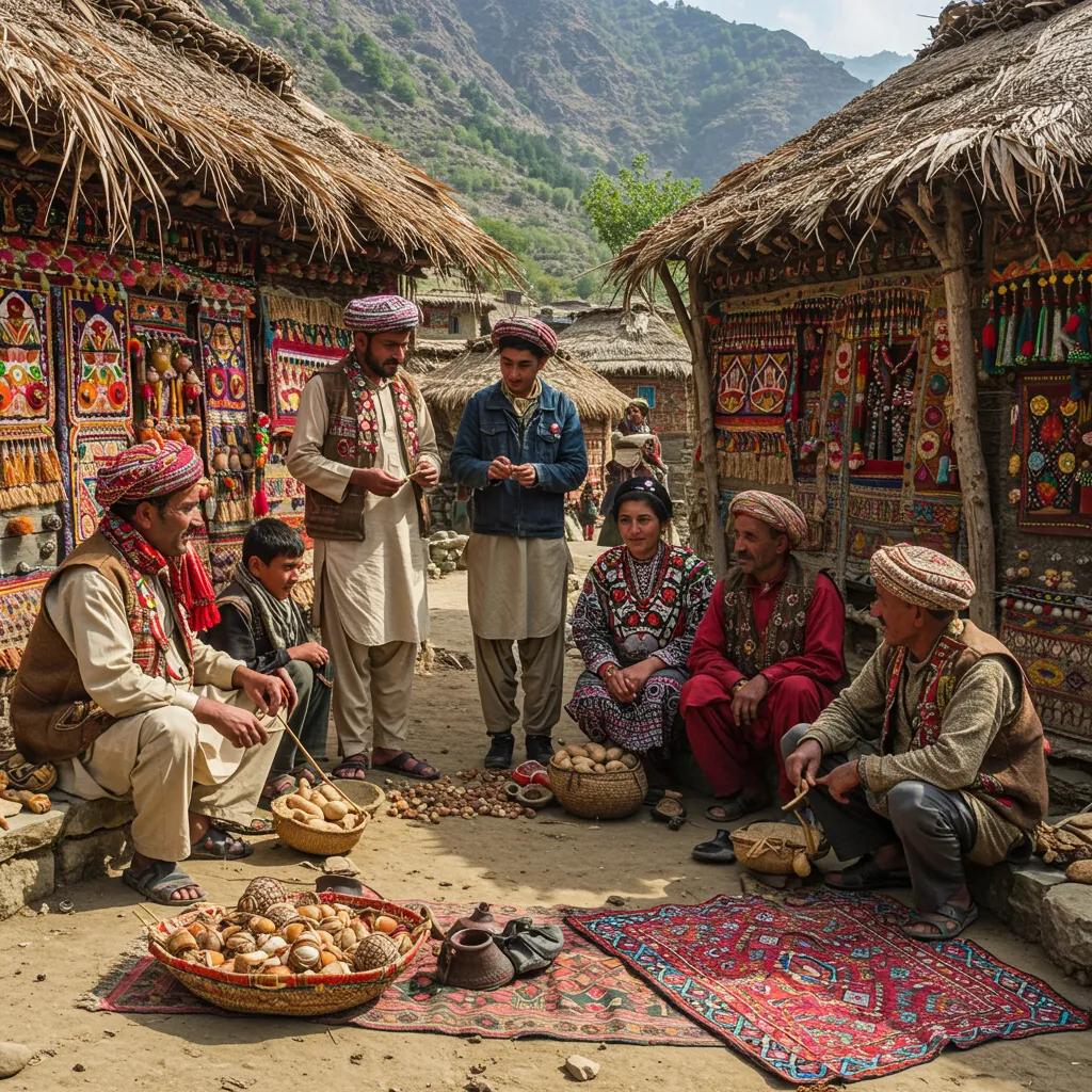 Travelers interacting with local villagers in a traditional Pakistani setting, highlighting cultural adventure experiences