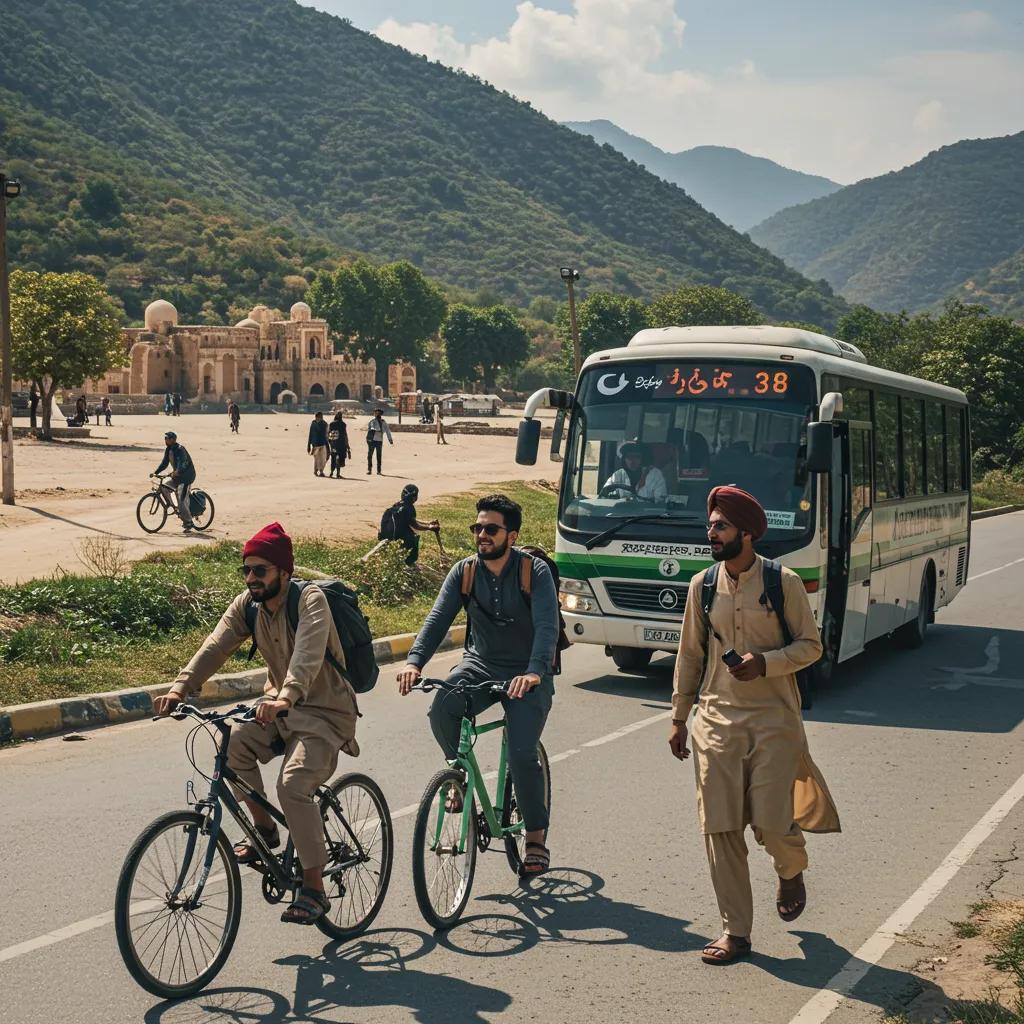 Travelers embracing eco-friendly transportation amidst Pakistan's stunning natural landscapes