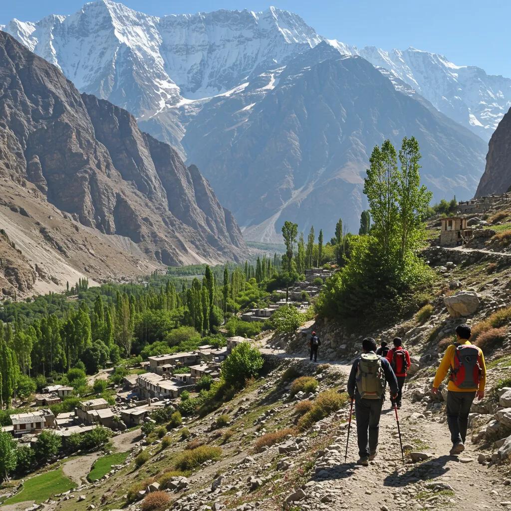 Trekkers exploring the scenic trails of Hunza Valley, highlighting adventure travel opportunities in Pakistan
