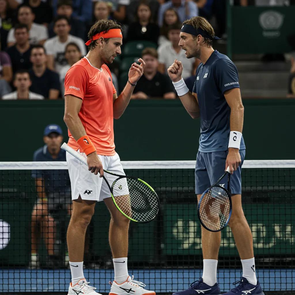 Two tennis players in a tense match moment, highlighting the intensity of rivalries in tennis