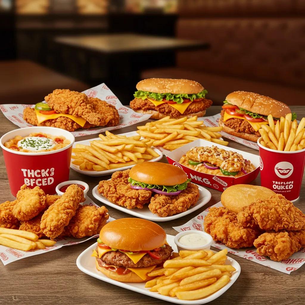 Variety of fast food items including chicken and plant-based options, illustrating industry response to beef inflation