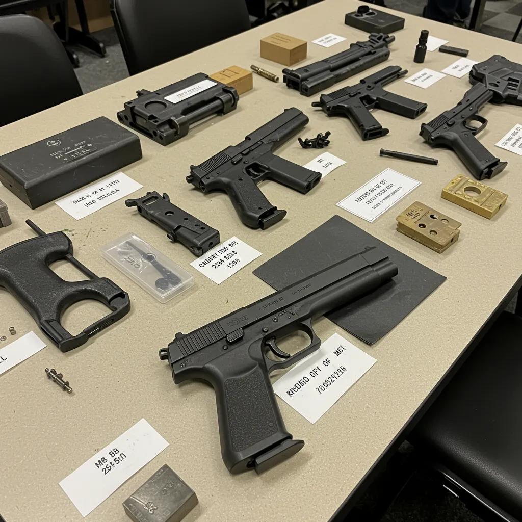 Variety of illegal firearms and components including ghost guns and IED materials displayed for forensic examination