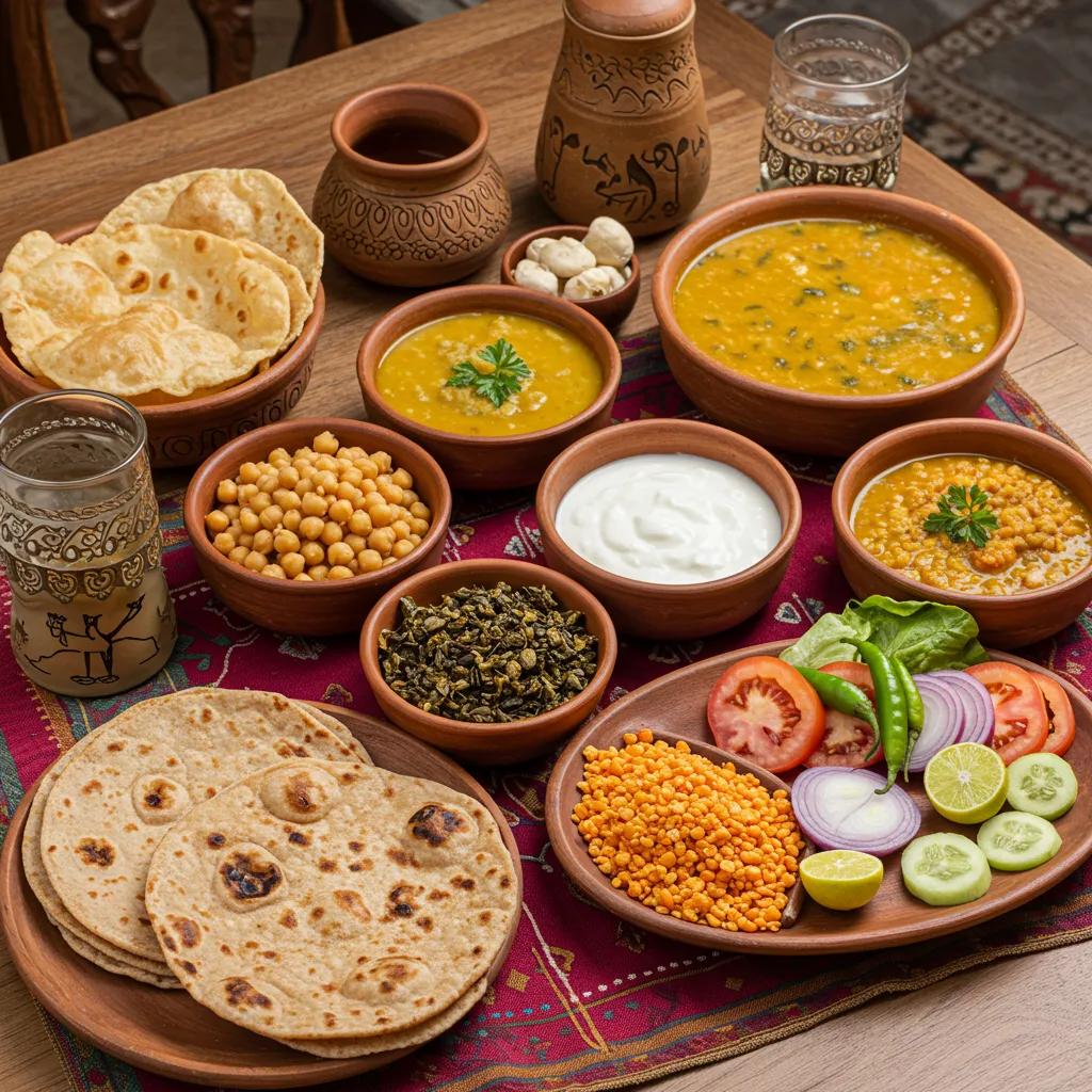 Variety of traditional Pakistani foods including roti, dal, chickpeas, and vegetables, showcasing a balanced diet