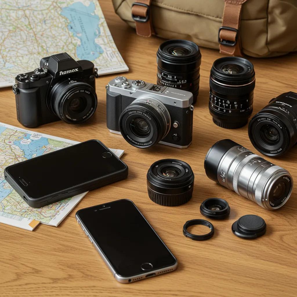 Variety of travel camera gear including smartphone and mirrorless camera, showcasing options for different budgets